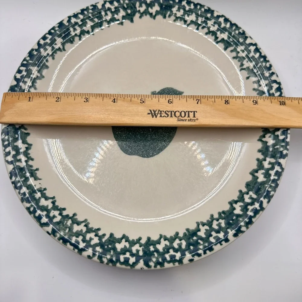 Tienshan Folk Craft Sponge Apple Dinner Plates Set of 3 Stoneware Green Cream